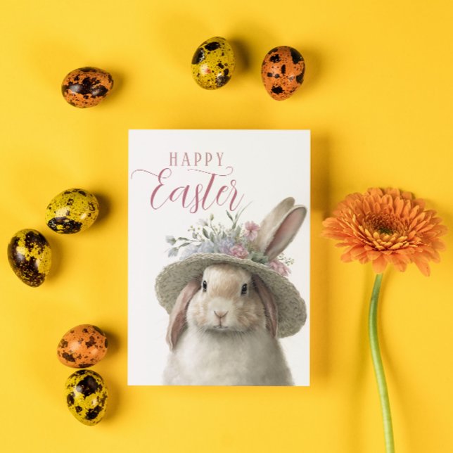 Happy Easter Cute Floral Bunny Rabbit Photo Card (Creator Uploaded)