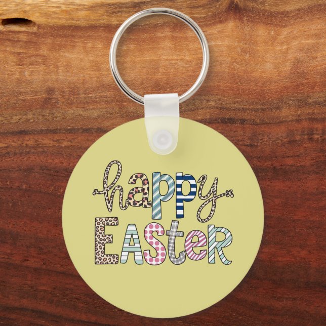 Happy Easter Cute Floral Bunny Spring Leopard Keychain (Front)