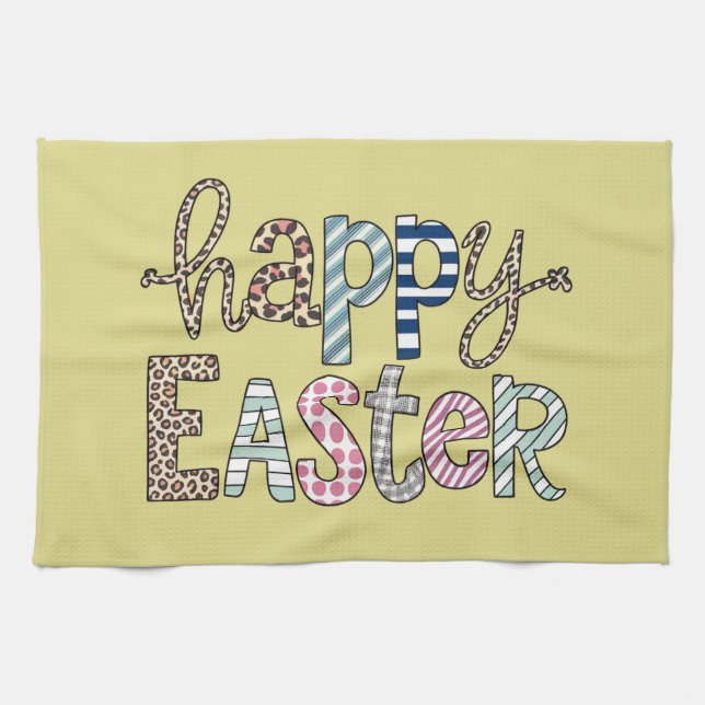 Happy Easter Cute Floral Bunny Spring Leopard Kitchen Towel (Horizontal)
