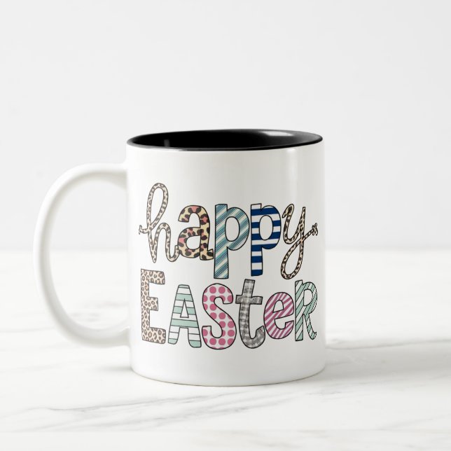 Happy Easter Cute Floral Bunny Spring Leopard Two-Tone Coffee Mug (Left)