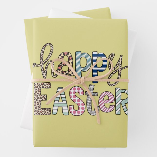 Happy Easter Cute Floral Bunny Spring Leopard Wrapping Paper Sheets (In situ)