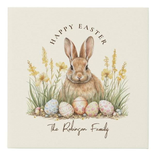 Happy Easter Cute Floral Spring Rabbit Faux Canvas Print (Front)