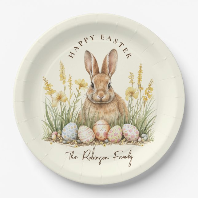 Happy Easter Cute Floral Spring Rabbit Paper Plates (Front)