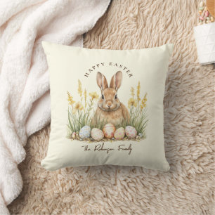 Happy Easter Cute Floral Spring Rabbit Throw Pillow