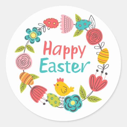 Happy Easter  Cute Floral Wreath  Easter Chick Classic Round Sticker