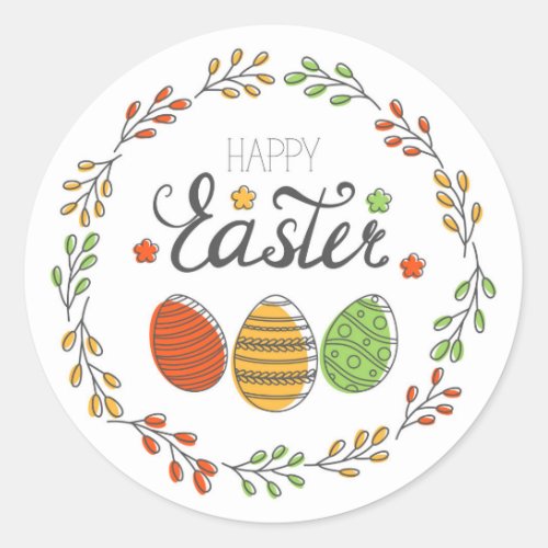 Happy Easter Cute Floral Wreath Easter Eggs Classic Round Sticker