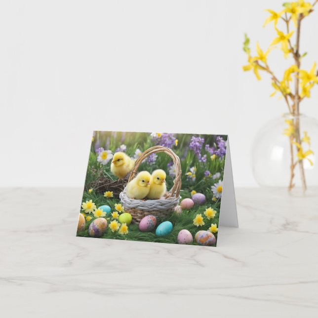Happy Easter Cute Fluffy Yellow Chicks and Easter  Card (Yellow Flower)