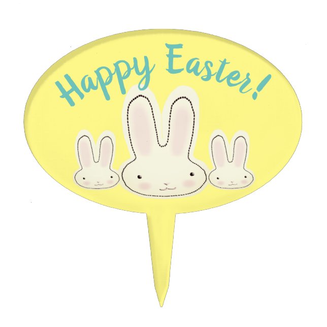Happy Easter Cute fun bunnies yellow custom script Cake Topper (Front)