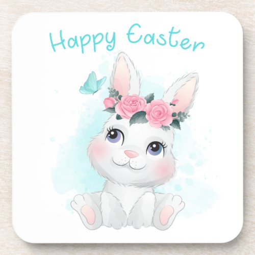 Happy Easter  Cute Girls  Women Bunny Watercolor Beverage Coaster