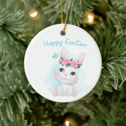 Happy Easter â Cute Girls  Women Bunny Watercolor Ceramic Ornament