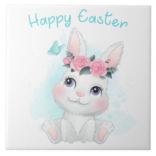 Happy Easter  Cute Girls  Women Bunny Watercolor Ceramic Tile