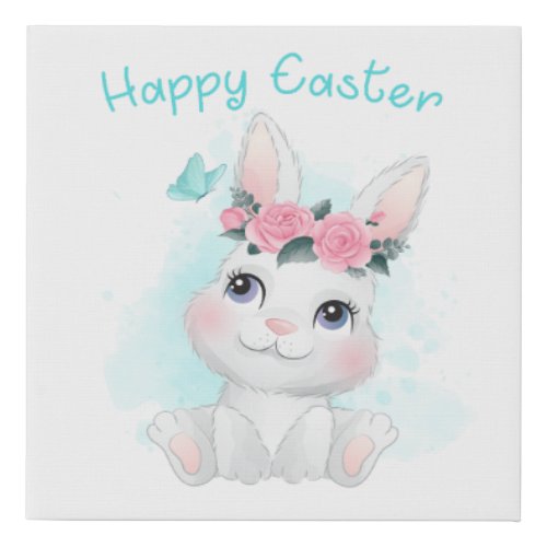Happy Easter  Cute Girls  Women Bunny Watercolor Faux Canvas Print