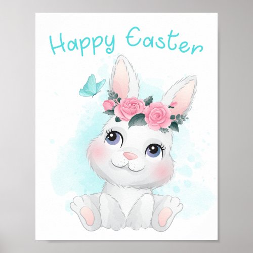 Happy Easter  Cute Girls  Women Bunny Watercolor Poster