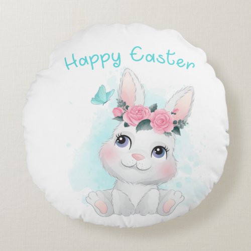 Happy Easter  Cute Girls  Women Bunny Watercolor Round Pillow