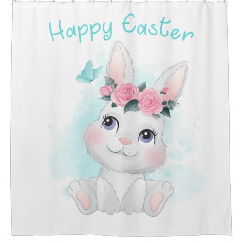 Happy Easter  Cute Girls  Women Bunny Watercolor Shower Curtain