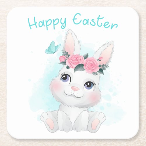 Happy Easter  Cute Girls  Women Bunny Watercolor Square Paper Coaster