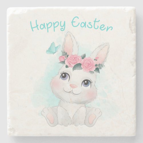 Happy Easter  Cute Girls  Women Bunny Watercolor Stone Coaster