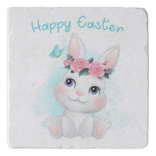 Happy Easter  Cute Girls  Women Bunny Watercolor Trivet