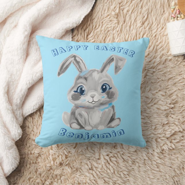 Happy Easter Cute Gray Bunny Rabbit Blue Name Throw Pillow (Blanket)