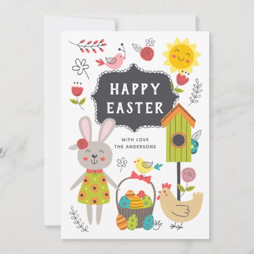 Happy Easter Cute kids cartoon rabbit and eggs Holiday Card