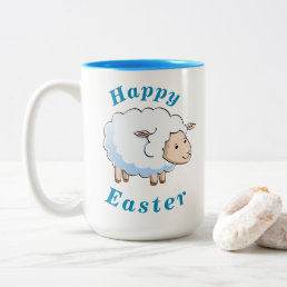 &quot;Happy EASTER&quot; Cute Little Lamb Blue Text Holiday Two-Tone Coffee Mug