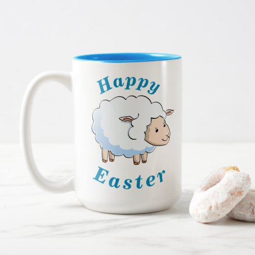 Happy EASTER Cute Little Lamb Blue Text Holiday Two_Tone Coffee Mug
