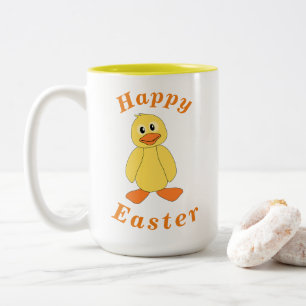 "Happy EASTER" Cute Little Yellow Duck Orange Text Two-Tone Coffee Mug