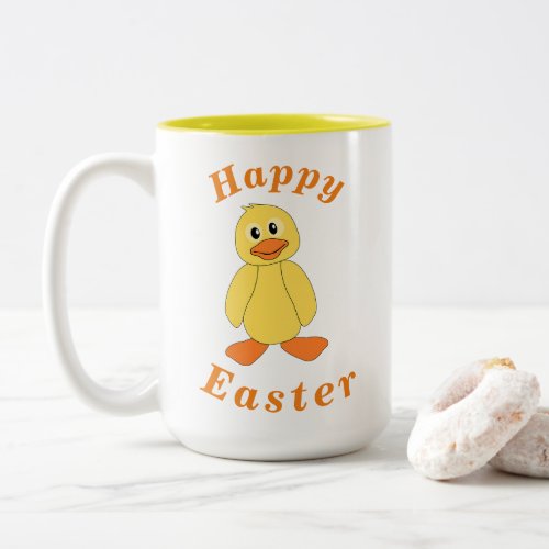 Happy EASTER Cute Little Yellow Duck Orange Text Two_Tone Coffee Mug