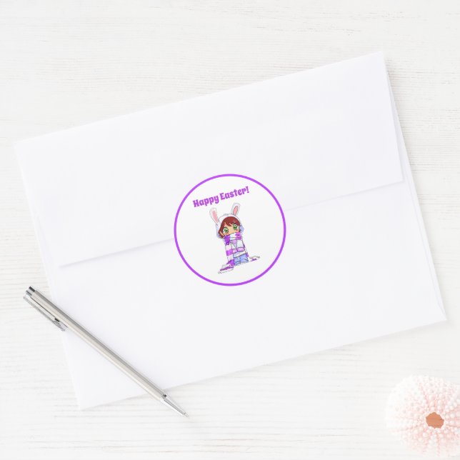 Happy Easter Cute Manga Bunny Girl Cartoon Classic Round Sticker (Envelope)