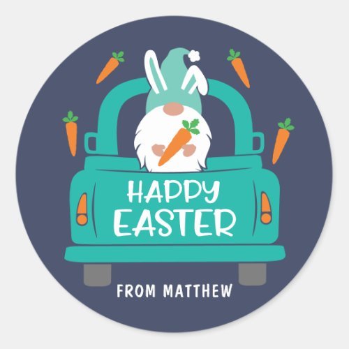 Happy Easter Cute Modern Gnome Truck Name Classic Round Sticker