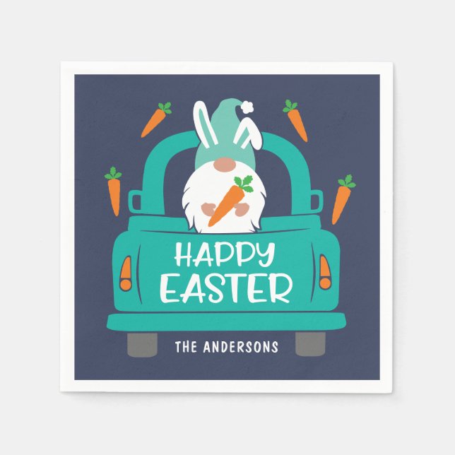 Happy Easter Cute Modern Gnome Truck Name Napkins (Front)