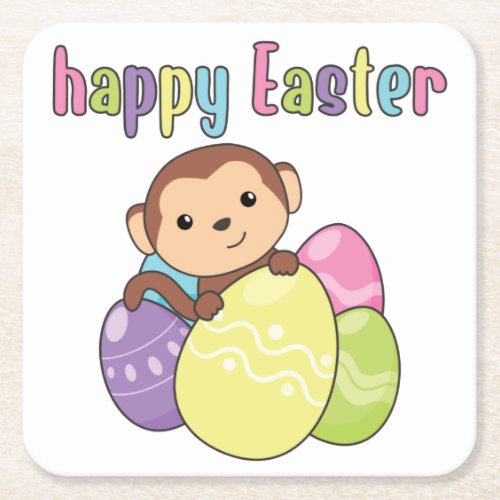 Happy Easter Cute Monkey At Easter With Eastereggs Square Paper Coaster