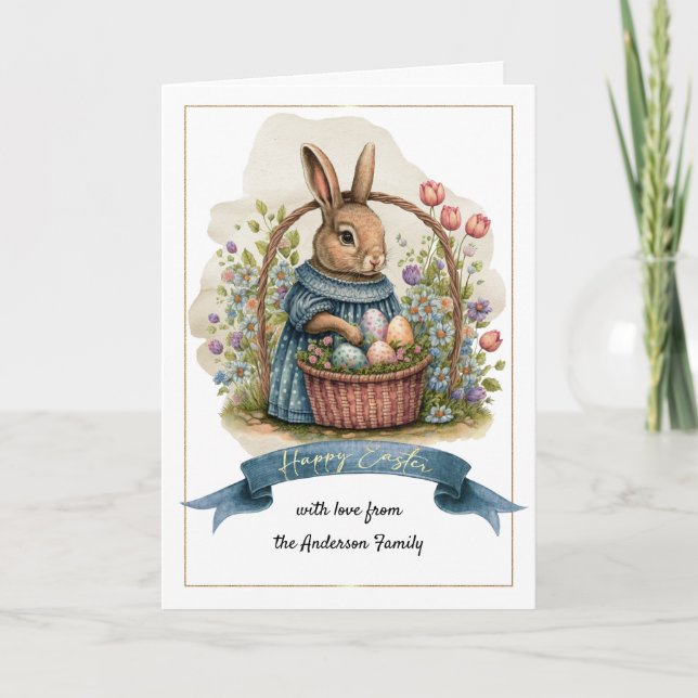 Happy Easter. Cute Old-Fashioned Bunny with Eggs  Holiday Card (Front)