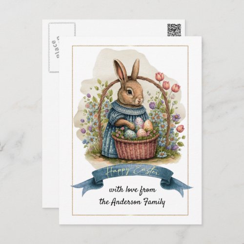 Happy Easter Cute Old_Fashioned Bunny with Eggs  Holiday Postcard