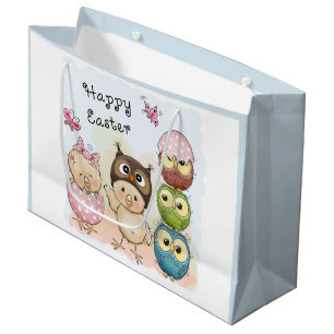 Happy Easter Cute Owl Chicks Blue Holidays Large Gift Bag