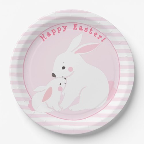 Happy Easter Cute Pink Bunnies Paper Plates