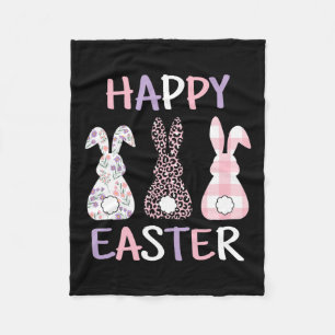 Happy Easter Cute Pink Leopard Plaid Flower Bunny Fleece Blanket