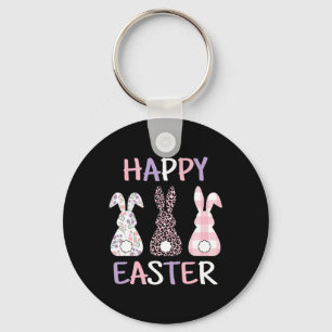 Happy Easter Cute Pink Leopard Plaid Flower Bunny  Keychain