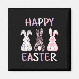 Happy Easter Cute Pink Leopard Plaid Flower Bunny  Magnet
