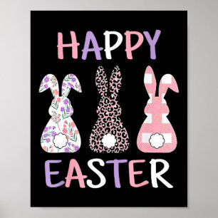 Happy Easter Cute Pink Leopard Plaid Flower Bunny Poster