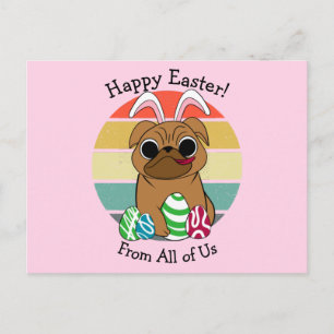 Happy Easter Cute Pug w Bunny Ears & Colorful Eggs Postcard