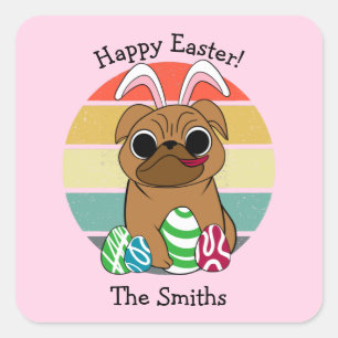 Happy Easter Cute Pug w Bunny Ears & Colorful Eggs Square Sticker