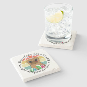 Happy Easter Cute Pug w Bunny Ears & Colorful Eggs Stone Coaster