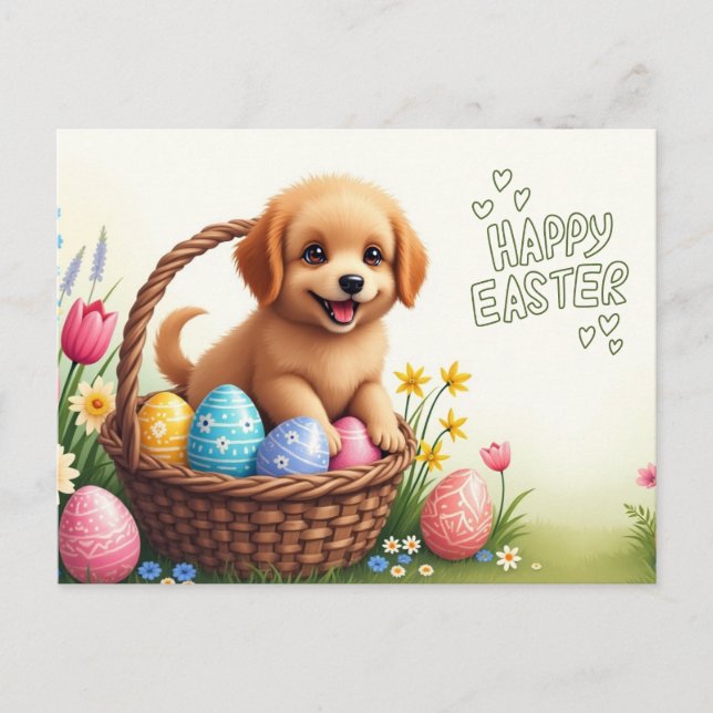 Happy Easter Cute Puppy with Easter Eggs Holiday Postcard (Front)