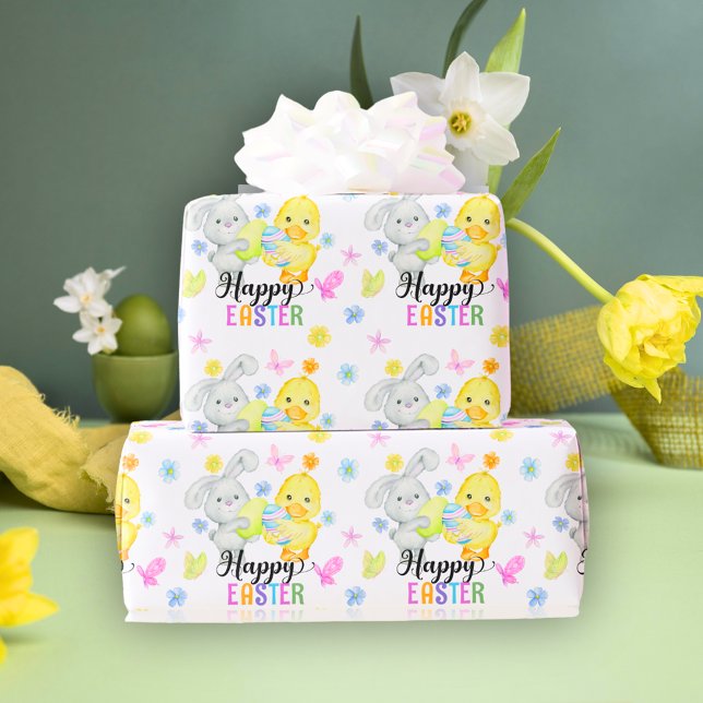 Happy Easter Cute Rabbit & Chick Egg Hunt  Wrapping Paper (Creator Uploaded)