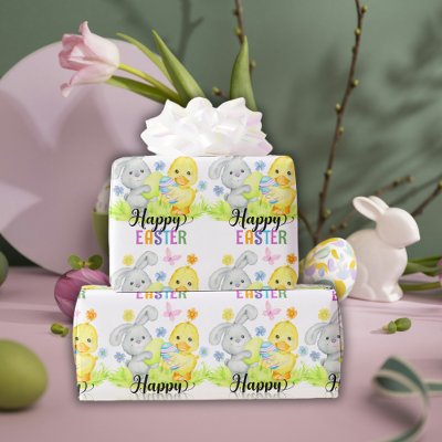 Happy Easter Cute Rabbit &amp; Chick Egg Hunt Wrapping Paper