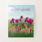 Happy Easter Cute Rabbit Tulips and Colored Eggs