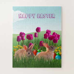 Happy Easter Cute Rabbit Tulips and Colored Eggs Jigsaw Puzzle