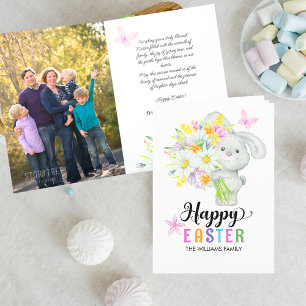 Happy Easter Cute Rabbit Watercolor Bouquet Photo Card