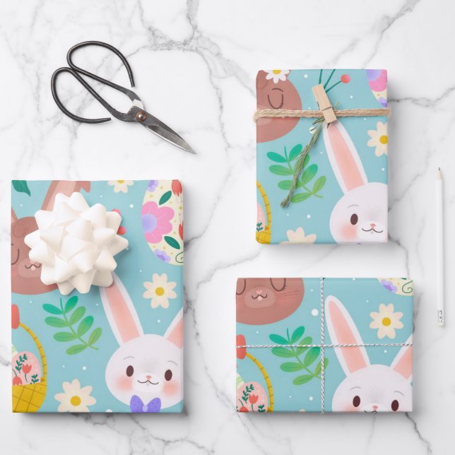Happy Easter Cute Rabbits Wrapping Paper Sheets (Front)